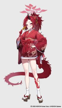 1girl absurdres blue_archive dragon_horns dragon_tail floral_print floral_print_kimono flower food freng full_body grin hair_flower hair_ornament halo highres holding holding_food horns japanese_clothes kimono long_hair long_sleeves makeup obi official_art ponytail print_kimono red_eyes red_flower red_hair red_halo red_kimono renge_(blue_archive) sash short_kimono simple_background smile solo tail wide_sleeves