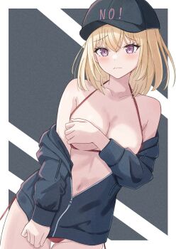 1girl azakura_(beniyomogi) bang_dream! bang_dream!_it's_mygo!!!!! bikini_pull black_hat black_jacket blonde_hair blush breasts cleavage clothes_pull commentary_request hat jacket large_breasts medium_hair misumi_uika navel open_mouth partially_unzipped purple_eyes red_eyes simple_background solo stomach wavy_mouth
