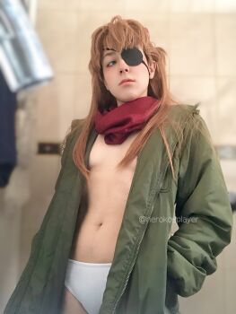 1girl bathroom blue_eyes blurry blurry_background brazilian_(nationality) breasts evangelion:_3.0+1.0_thrice_upon_a_time eyepatch female_focus highres indoors interior jacket long_hair neon_genesis_evangelion nerokosplayer no_bra orange_hair panties photo_(medium) real_life rebuild_of_evangelion red_scarf scarf small_breasts solo souryuu_asuka_langley standing underwear white_panties