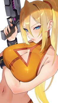 1girl arm_under_breasts blonde_hair blue_eyes breasts cleavage cleavage_cutout clothing_cutout gun hair_between_eyes highres holding holding_gun holding_weapon large_breasts long_hair looking_at_viewer metroid midriff mole mole_under_mouth navel nintendo orange_sports_bra parted_lips samus_aran simple_background solo sports_bra upper_body very_long_hair weapon white_background yasaikakiage zero_suit