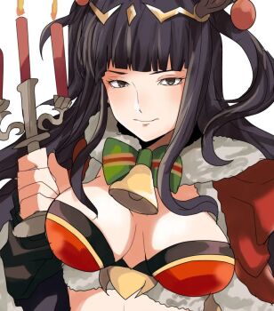 1girl bell black_hair breasts candelabra candle candlestand christmas cleavage fire fire_emblem fire_emblem_awakening fire_emblem_heroes fur_trim large_breasts looking_at_viewer midriff_peek nintendo official_alternate_costume purple_eyes shamu_(peach11_01) solo straight_bangs straight_hair tharja_("normal_girl")_(fire_emblem) tharja_(fire_emblem)