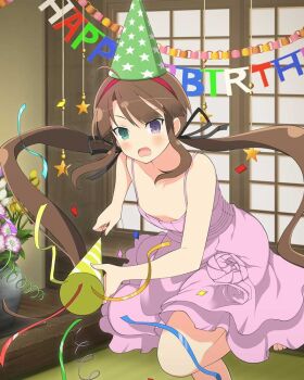 Rule 34 | 1girl, ahoge, architecture, barefoot, black ribbon, blue eyes, blush, brown hair, collarbone, dress, east asian architecture, flat chest, flower, flower pot, green eyes, hair ribbon, hairband, happy birthday, hat, heterochromia, holding, holding party popper, indoors, lattice, long hair, looking at viewer, low twintails, official art, open mouth, party hat, party popper, plant, potted plant, purple dress, purple flower, red hairband, ribbon, ryoubi (senran kagura), senran kagura, senran kagura new wave, senran kagura shinovi versus, shouji, sliding doors, solo, star ornament, streamers, tatami, twintails, very long hair, yellow flower