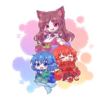 3girls :d :p animal_ear_fluff animal_ears apple black_footwear black_shirt blue_bow blue_eyes blue_hair blueberry blush bow brown_hair chibi chibi_only cloak closed_eyes closed_mouth commentary dress drill_hair eating english_commentary fins food frilled_sleeves frills fruit full_body green_kimono hair_bow head_fins high_collar highres holding holding_food holding_fruit imaizumi_kagerou japanese_clothes kaoling kimono long_hair long_sleeves looking_at_viewer mermaid monster_girl multiple_girls open_mouth red_cloak red_dress red_eyes red_hair sekibanki shirt shoes short_hair smile tongue tongue_out touhou two-tone_dress wakasagihime white_dress wide_sleeves wolf_ears wolf_girl