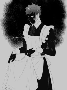 1boy alternate_costume anger_vein angry apron apron_lift clothes_lift commentary crossdressing crossdressing_(mtf) dress enmaided greyscale juliet_sleeves long_sideburns long_sleeves maid maid_apron male_maid monochrome one_piece puffy_sleeves rami_rz shaded_face short_hair sideburns solo symbol-only_commentary trafalgar_law twitter_username