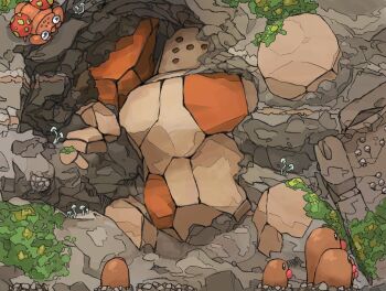aomon_(yuuji7604) buried diglett dirt dugtrio gen_1_pokemon gen_3_pokemon highres legendary_pokemon looking_at_another moss mushroom nintendo no_humans on_wall outdoors paras partially_buried pokemon pokemon_(creature) regirock rock