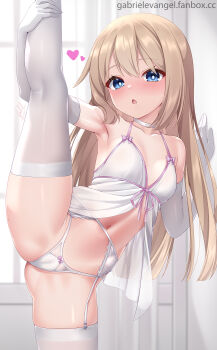 1girl :o arm_support babydoll bare_shoulders blue_eyes blush breasts brown_hair choker day elbow_gloves gabriel_evangel garter_belt garter_straps gloves hair_between_eyes hands_up highres holding_own_leg indoors leg_up legs loli long_hair looking_at_viewer navel neptune_(series) panties presenting ram_(neptunia) skindentation small_breasts solo split standing standing_on_one_leg standing_split thighhighs thighs underwear very_long_hair white_babydoll white_choker white_gloves white_panties