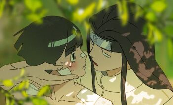 Rule 34 | 2boys, bandages, black eyes, black hair, blurry, blurry background, blurry foreground, blush, bowl cut, collarbone, commentary request, eye contact, forehead protector, gauze, gauze on shoulder, hair intakes, hand on another's face, highres, hyuuga neji, imminent kiss, konohagakure symbol, leaf, long hair, looking at another, m0 mo momo, male focus, multiple boys, naruto (series), naruto shippuuden, open mouth, outdoors, rock lee, white eyes, yaoi