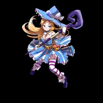 1girl belt black_background blonde_hair blue_dress blue_eyes blue_hair blush bow breasts brown_belt cleavage closed_mouth detached_collar dress full_body gloves hat hat_bow highres holding holding_staff holding_weapon large_breasts large_hat long_hair merc_storia merc_storia_art_team official_art parted_bangs purple_shoes shoes simple_background solo sphere_(merc_storia) staff standing striped_clothes striped_dress striped_thighhighs tachi-e thighhighs tsurime v-shaped_eyebrows weapon white_bow white_gloves witch witch_hat