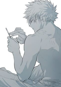 Rule 34 | 1boy, back, bakugou katsuki, boku no hero academia, commentary, from behind, greyscale, highres, holding, male focus, monochrome, oroshi mi, pants, scar, scar on shoulder, short hair, simple background, sitting, solo, spiked hair, sweatpants, symbol-only commentary, topless male, watermark, white background