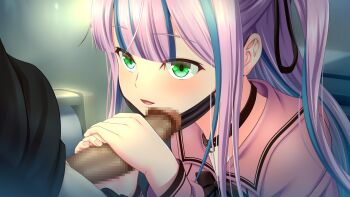 1boy 1girl :d blush censored choker game_cg green_eyes handjob highres hosho_rimika kyokugen_chikan_tokuiten_3 m&amp;m_(mickey_and_mackey) mask mouth_mask open_mouth penis pink_hair pink_shirt school_uniform serafuku shirt smile solo_focus two-handed_handjob