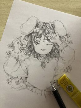 1girl animal_ears art_tools_in_frame bug carrot_necklace clover four-leaf_clover graphite_(medium) greyscale hands_up highres holding holding_clover inaba_tewi insect jewelry ladybug long_sleeves looking_at_viewer lying medinki monochrome necklace on_back one_eye_closed rabbit_ears rabbit_girl smile solo touhou traditional_media upper_body