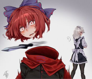 2girls afterimage annoyed apron black_pantyhose black_shirt black_skirt black_vest blue_bow blush bow breasts cape commentary constricted_pupils crossed_arms disembodied_head dodging feet_out_of_frame gradient_background grey_background grey_hair hair_bow highres izayoi_sakuya knife looking_back maid maid_apron maid_headdress medium_breasts medium_hair motion_blur multiple_girls pantyhose parted_lips red_cape red_eyes red_hair sekibanki shirt short_hair simple_background skirt standing sweatdrop throwing_knife touhou translated upper_body vest wavy_mouth weapon white_bow white_shirt yukine_0930