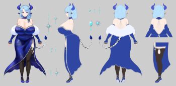 +_+ 1girl animal_ears arms_at_sides backless_dress backless_outfit bare_shoulders blue_dress blue_eyes blue_hair breasts reference_sheet choker cleavage collarbone cow_ears cow_girl cow_horns cow_tail cream_cod dress facing_away facing_to_the_side facing_viewer feather_boa grey_background hair_ribbon high_heels highres horns huge_breasts indie_virtual_youtuber jewelry medium_hair miilkywayz multiple_views official_art parted_bangs ribbon side_slit simple_background standing tail thighhighs virtual_youtuber