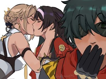 1boy 2girls arm_strap astra_yao bare_shoulders black_hair blonde_hair breasts chest_harness closed_eyes commentary covering_own_mouth earrings english_commentary evelyn_chevalier from_side green_eyes green_hair hair_intakes hair_over_one_eye hairband hand_on_another's_face harness highres jewelry kiss large_breasts lighter_(zenless_zone_zero) long_hair looking_at_viewer mole mole_under_eye multiple_girls myata_(dreamycke) necktie raised_eyebrows red_scarf red_shrug ring_hair_ornament scarf shirt short_hair shoulder_spikes shrug_(clothing) simple_background spiked_jacket spikes studded_gloves sunglasses twitter_username white_background white_hairband white_shirt yellow_necktie yuri zenless_zone_zero