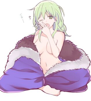 1girl ;o bad_id bad_pixiv_id barefoot blue_coat breasts coat collarbone cosplay dimitri_alexandre_blaiddyd dimitri_alexandre_blaiddyd_(cosplay) dimitri_alexandre_blaiddyd_(timeskip) female_byleth_(awakened)_(fire_emblem) female_byleth_(fire_emblem) fire_emblem fire_emblem:_three_houses fur-trimmed_coat fur_trim green_eyes green_hair hair_between_eyes long_hair medium_breasts naked_coat navel nintendo one_eye_closed open_mouth simple_background sitting solo stomach white_background yawning yukinonanami
