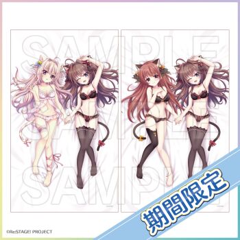 3girls ;d ahoge animal_ear_fluff animal_ears arm_up armpits babydoll barefoot bell black_bra black_panties black_tail black_thighhighs blonde_hair blue_eyes blush bow bra braid breasts brown_eyes brown_hair cat_ears cat_tail cleavage copyright_logo copyright_name crown_braid dakimakura_(medium) frilled_bra frilled_panties frilled_thigh_strap frills from_above grin hair_bow hair_intakes hand_on_own_chest hand_up highleg highleg_panties highres holding_hands izumi_tsubasu jingle_bell knees_together_feet_apart large_breasts leg_ribbon lingerie logo long_braid long_hair looking_at_viewer lying medium_breasts mizushino_tamaki mole mole_under_each_eye mole_under_eye multiple_girls multiple_moles navel neck_bell no_shoes official_art on_back one_eye_closed open_mouth orange_bow panties pink_bow pink_bra pink_ribbon plaid_bow re:stage! red_bow ribbon sample_watermark second-party_source seductive_smile shikimiya_aone shiratori_amaha_(re:stage!) single_braid single_thighhigh smile tail tail_bow tail_ornament tail_ribbon thigh_strap thighhighs translated underwear underwear_only watermark