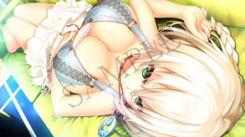 1girl bare_legs bare_shoulders barefoot blush braid breasts cleavage closed_mouth collarbone couch eyes_visible_through_hair frilled_skirt frills green_eyes grey_hair hair_between_eyes indoors jewelry large_breasts looking_at_viewer lying necklace nora_to_oujo_to_noraneko_heart official_art on_back oozora_itsuki sample_watermark short_hair skirt smile solo variant_set watermark white_hair white_skirt yuuri_shachi