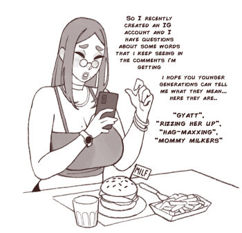 1girl anne_(riz) breasts confused eating highres huge_breasts looking_at_phone mature_female mole mole_on_breast original phone riz round_eyewear sketch watch wristwatch zoomer_slang