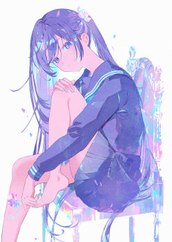 1girl absurdres artist_name bare_legs barefoot black_hair black_sailor_collar black_serafuku black_shirt black_skirt blue_nails chair commentary_request crystal flower from_side full_body highres holding holding_flower knee_up long_hair long_sleeves looking_at_viewer looking_to_the_side miniskirt nail_polish omutatsu original parted_lips pink_eyes sailor_collar school_uniform serafuku shirt side_ponytail signature simple_background sitting skirt solo toenail_polish toenails twitter_username very_long_hair white_background