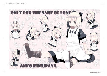 1girl ankle_boots apron black_dress blonde_hair boots bow chibi chibi_inset collared_dress donut dress english_text expressionless food food_in_mouth ganges_gawa hair_bow highres jitome kimuraya_anko multiple_views pink_background puffy_short_sleeves puffy_sleeves short_hair short_sleeves sitting ukagaka white_apron