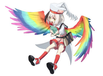 book flask hat highres hollow_song_of_birds multicolored_wings nanashi_nasi pink_vest rainbow_gradient rainbow_wings red_socks round-bottom_flask shoes simple_background socks tablet_pc test_tube_holster touhou vest white_background white_hat wing_hat_ornament wings yellow_eyes