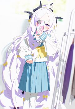 1girl absurdres alternate_costume black_horns blue_archive blue_sailor_collar blue_skirt bm_tol bow cellphone commentary cosplay demon_girl demon_horns highres hina_(blue_archive) holding holding_phone horns long_hair long_sleeves miniskirt mirror_selfie pantyhose phone pleated_skirt puffy_long_sleeves puffy_sleeves purple_eyes reflection reflection_focus sailor_collar sailor_shirt school_uniform selfie serafuku shirt skirt smartphone solo trinity_general_school_logo trinity_student_(blue_archive) trinity_student_(blue_archive)_(cosplay) very_long_hair white_hair white_pantyhose white_shirt yellow_bow