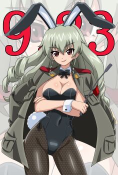 1girl aged_up alternate_breast_size_(larger) alternate_hair_length alternate_hairstyle anchovy_(girls_und_panzer) animal_ear_hairband animal_ears artist_request black_bow black_bowtie black_leotard blush bow bowtie breasts crossed_arms curvy detached_collar drill_hair dutch_angle fake_animal_ears fang girls_und_panzer green_hair hair_down hairband hand_on_own_hip happy_birthday highleg highleg_leotard highres italian_text large_breasts leotard lipstick long_hair makeup nose_blush open_mouth playboy_bunny rabbit_ear_hairband rabbit_ears red_eyes revealing_clothes shiny_clothes shiny_skin simple_background smile solo strapless strapless_leotard thick_thighs thighs thong_leotard wide_hips wrist_cuffs