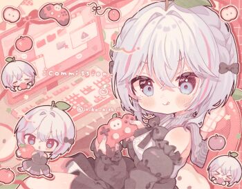 1girl :q apple bare_shoulders black_bow black_bowtie black_dress blue_eyes blue_hair blush bow bowtie chibi chibi_inset closed_mouth commentary commission computer_keyboard controller dress food fruit game_controller hair_between_eyes hair_bow highres holding holding_controller holding_food holding_fruit holding_game_controller indie_virtual_youtuber kamizakana_iriko leaf long_sleeves looking_at_viewer monitor multicolored_hair outline red_hair shirayuki_pom short_hair skeb_commission smile solo streaked_hair tongue tongue_out twitter_username two-tone_hair upper_body v-shaped_eyebrows virtual_youtuber white_outline