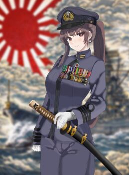 Rule 34 | 1girl, alternate costume, anchor, anchor symbol, battleship, breasts, brown eyes, brown hair, chrysanthemum, clenched hand, earrings, flag, flower, gloves, holding, holding sword, holding weapon, ijn yamato, imperial japanese navy, jewelry, k3bbys, kantai collection, katana, large breasts, looking at viewer, medals, military, military uniform, military vehicle, ponytail, rising sun flag, ship, smile, sunburst, sword, warship, watercraft, weapon, yamato (kancolle)