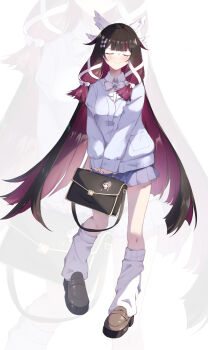 1girl absurdres alternate_costume bag black_hair blue_skirt blush bow bowtie brown_bag brown_shoes cardigan character_charm charm_(object) closed_eyes closed_mouth columbina_(genshin_impact) commentary elphe eye_mask full_body genshin_impact hair_bow hair_ornament highres holding holding_bag long_hair long_sidelocks long_sleeves mask pleated_skirt purple_hair sandrone_(genshin_impact) school_bag school_uniform shoes sidelocks signature skirt skirt_peek smile solo standing very_long_hair white_background white_bow white_bowtie white_cardigan wing_hair_ornament zoom_layer