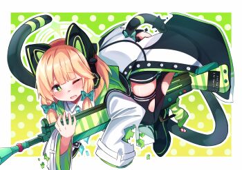 1girl absurdres animal_ear_headphones animal_ears aqua_necktie battle_rifle black_jacket black_shorts black_tail black_thighhighs blonde_hair blue_archive blush border bow bright_pupils buttons cat_ear_headphones cat_ears cat_tail collared_shirt commentary_request fake_animal_ears fake_tail full_body furrowed_brow gradient_background green_background green_bow green_eyes green_halo green_jacket gun h&amp;k_g3 hair_bow halo headphones highres holding holding_gun holding_weapon hood hood_down hooded_jacket jacket long_sleeves looking_at_viewer low-tied_sidelocks medium_hair midori_(blue_archive) miru_purin_(cha_mochi) multicolored_jacket necktie one_eye_closed open_clothes open_jacket open_mouth outline outside_border polka_dot polka_dot_background rifle school_uniform shirt shorts sidelocks solo tail tail_bow tail_ornament tears thighhighs torn_clothes torn_jacket torn_necktie torn_shorts torn_sleeves torn_thighhighs two-sided_fabric two-sided_jacket unbuttoned weapon white_border white_jacket white_outline white_pupils white_shirt wide_sleeves