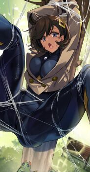 1girl absurdres ahoge arms_up bench black_bodysuit blurry blurry_background bodysuit breasts brown_hair brown_jacket gen_2_pokemon highres hirai_yuzuki in_tree jacket m_legs medium_breasts nintendo park_bench pokemon pokemon_(creature) pokemon_legends:_z-a purple_eyes restrained signature silk spider_web spinarak spread_legs suspension tree