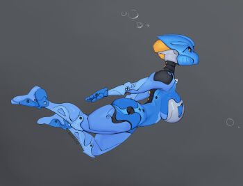 1girl absurdres bionicle breasts bubble from_above gali_(bionicle) grey_background highres humanoid_robot invisible_chair looking_at_viewer medium_breasts neoruke orange_eyes robot sideboob sitting solo_focus swimming the_lego_group
