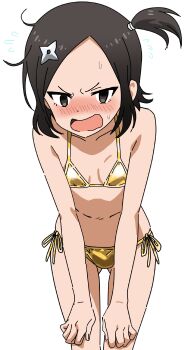 Rule 34 | 1girl, absurdres, angry, bikini, black hair, blush, breasts, cowboy shot, embarrassed, flying sweatdrops, gold bikini, golden week, hands on own knees, highres, kunoichi tsubaki no mune no uchi, looking at viewer, navel, nose blush, one side up, open mouth, riokasen, shuriken, shuriken hair ornament, side-tie bikini bottom, simple background, small breasts, solo, swimsuit, touwata (kunoichi tsubaki no mune no uchi), v-shaped eyebrows, weapon, white background