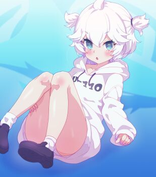 1girl arbiter1 ass azur_lane black_shoes blue_eyes blush character_name clothes_writing drawstring highres hood hood_down hoodie knees_together_feet_apart loafers loli long_sleeves looking_at_viewer panties parted_lips puffy_long_sleeves puffy_sleeves shoe_soles shoes sleeves_past_wrists socks solo two_side_up u-110_(azur_lane) underwear white_hair white_hoodie white_panties white_socks