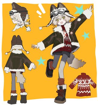 1cyaya1 1girl absurdres animal_ears black_boots blush boots brown_hair brown_jacket commentary_request cropped_shoulders facing_away fur-trimmed_boots fur-trimmed_jacket fur_trim goggles goggles_on_head green_eyes grey_pants highres jacket leka_(1cyaya1) looking_at_viewer multiple_views open_mouth orange_background original outstretched_arms pants pom_pom_(clothes) red_socks red_sweater short_hair simple_background smile socks spread_arms star_(symbol) sweater