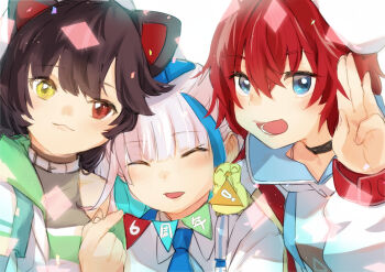 Rule 34 | 3girls, :3, :d, ^ ^, absurdres, ange katrina, animal, animal ears, animal on shoulder, anniversary, bird, bird on shoulder, black choker, blue eyes, blue hair, blue necktie, blush, brown hair, choker, closed eyes, closed mouth, commentary request, dog ears, dometan0 0, group picture, hair between eyes, hand up, hat, heterochromia, highres, inui toko, jacket, light particles, lize helesta, long sleeves, looking at viewer, multicolored hair, multiple girls, necktie, nijisanji, official alternate costume, open mouth, red eyes, red hair, sanbaka (nijisanji), sebastian piyodore, smile, streaked hair, string of flags, translation request, two-tone hair, virtual youtuber, white background, white hair, white hat, white jacket, yellow bird, yellow eyes