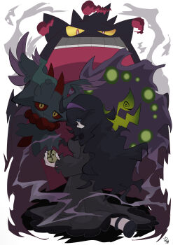 1girl absurdres dynamax flutter_mane gen_1_pokemon gen_4_pokemon gengar gigantamax gigantamax_gengar hex_maniac_(pokemon) hex_maniac_(pokemon_xy) highres ida_(idalol490) nintendo pokemon pokemon_(creature) pokemon_xy purple_eyes spiritomb