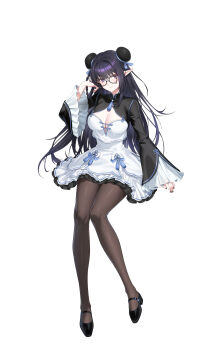 1girl absurdres adjusting_hair black-framed_eyewear black_hair black_nails black_pantyhose black_shoes black_shrug block_heels blue_bow bow braid breasts bun_cover cleavage closed_mouth closers collared_shrug crop_top double_bun full_body glasses hair_bow hair_bun hand_up high-waist_skirt highres invisible_chair large_breasts layered_skirt long_hair looking_at_viewer mandarin_collar mary_janes miniskirt official_art pantyhose pointy_ears purple_eyes round_eyewear shirt shoes shrug_(clothing) side_braid sitting skirt skirt_bow sleeves_past_wrists solo teardrop-framed_glasses triss_(closers) white_background white_shirt wide_sleeves