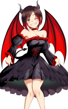 1girl absurdres bare_shoulders bat_wings choker detached_sleeves dress grey_eyes halloween highres horns one_eye_closed ruby_rose rwby short_hair wings wink