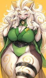 Rule 34 | 1girl, absurdres, animal ears, animal nose, blonde hair, blush, body fur, breasts, cleavage, cleavage cutout, clothing cutout, commentary request, detached sleeves, fangs, furry, furry female, green kimono, green sleeves, highres, japanese clothes, kimono, large breasts, long hair, looking at viewer, multicolored hair, one eye closed, open mouth, orange background, original, simple background, snout, solo, suurin (ksyaro), thick thighs, thighs, two-tone hair, white fur, white hair, wide sleeves