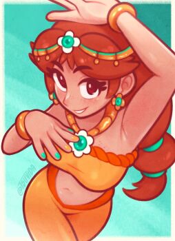 Rule 34 | 1girl, alternate eye color, aqua background, arabian clothes, armpits, artist name, bare shoulders, bracelet, breasts, brown eyes, brown hair, circlet, cowboy shot, crop top, earrings, flower, flower earrings, flower necklace, harem pants, highres, jewelry, long hair, mario (series), mario kart, mario kart world, medium breasts, midriff, multicolored nails, nail polish, navel, necklace, nintendo, official alternate costume, pants, perspective, princess daisy, princess daisy (oasis), sleeveless, smile, solo, tsuvida, yellow pants