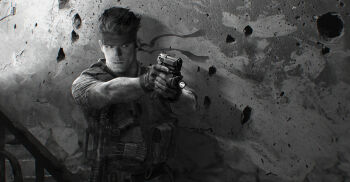 aged_down aiming bandana bullet_hole fingerless_gloves gloves gun handgun holding holding_gun holding_weapon jordan_lamarre-wan male_focus metal_gear_(series) metal_gear_online military_uniform monochrome solid_snake solo weapon