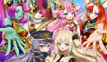 6+girls ahoge bare_shoulders black_hat black_necktie blonde_hair blush breasts character_request closed_mouth collarbone colored_skin commentary_request commission dress duel_monster green_eyes green_nails green_skin grey_hair hair_between_eyes hair_ornament hat highres holding_hands homi28 long_hair looking_at_viewer medium_breasts multiple_girls necktie open_mouth orange_dress orange_eyes pink_dress pink_hair purple_eyes reaching reaching_towards_viewer red_dress red_eyes skeb_commission sky_striker_ace_-_raye sky_striker_ace_-_roze sleeveless sleeveless_dress smile very_long_hair watermark yu-gi-oh!