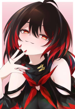 Rule 34 | 1girl, ahoge, black dress, black hair, clothing cutout, commentary request, cradle (pgr), dress, highres, looking at viewer, magic circle, multicolored hair, punishing: gray raven, red eyes, red nails, shoulder cutout, smug, solo, streaked hair, symbol-shaped pupils, xiya yumiko