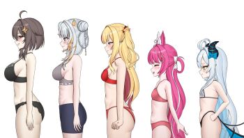 5girls absurdres akugaki_koa animal_ears arms_at_sides ass black_bra black_panties blonde_hair blue_hair blue_shorts blush bra breast_envy breasts brown_hair bust_chart chromashift closed_eyes closed_mouth colored_inner_hair cowboy_shot demon_girl demon_horns demon_wings eyelashes female_focus flat_chest from_side green_eyes grey_bra grey_hair grin half-closed_eyes happy height_difference highres horns indie_virtual_youtuber lalabell_lullaby large_breasts loli long_hair looking_at_another looking_at_viewer looking_to_the_side low_wings matching_hair/eyes medium_breasts medium_hair meica_(vtuber) multicolored_hair multiple_girls nagamma naughty_face open_mouth panties pink_bra pink_hair pink_panties pointy_ears profile rabbit_ears red_bra red_panties ruby_runeheart short_hair shorts simple_background size_comparison small_breasts smile smug standing streaked_hair taiga_toragami tiger_ears tiger_girl two-tone_hair underwear underwear_only very_long_hair virtual_youtuber white_background white_hair wings yellow_eyes