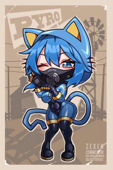 1girl animal_ears artist_name black_boots black_gloves blu_pyro_(tf2) blue_bodysuit blue_eyes blue_hair bodysuit boots breasts cat_tail character_name chibi commission fake_animal_ears fake_tail full_body genderswap genderswap_(otf) gloves highres large_breasts latex latex_bodysuit looking_at_viewer mask one_eye_closed pyro_(tf2) respirator short_hair solo tail team_fortress_2 thigh_boots zexen zipper