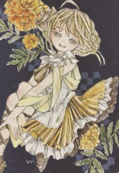 Rule 34 | 1girl, absurdres, acrylic paint (medium), bare shoulders, blonde hair, braid, brown eyes, commentary request, dress, flower, frilled dress, frills, highres, karintoun, looking at viewer, open mouth, original, painting (medium), plant, portrait, ribbon, short hair, signature, simple background, sitting, sleeveless, smile, swept bangs, traditional media, watercolor (medium), white dress, yellow dress, yellow flower