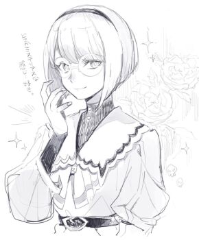 1girl belt black_headband black_shirt bob_cut chi_(cheese_xx5) d.gray-man dress flower glasses hair_between_eyes headband highres juliet_sleeves long_sleeves looking_at_viewer lucia_(d.gray-man) monochrome puffy_sleeves round_eyewear shirt short_hair sidelocks sketch smile solo striped_clothes striped_dress turtleneck turtleneck_shirt waistband white_background white_dress