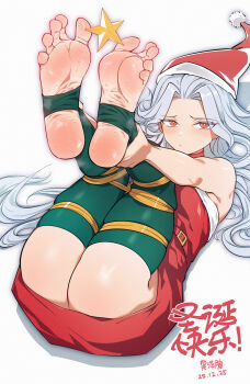 1girl absurdres barefoot bdsm blue_hair bondage bound christmas dress feet fur-trimmed_dress fur-trimmed_headwear fur_trim hao_guangze_yu hat highres long_hair looking_at_viewer original red_eyes santa_costume santa_dress santa_hat soles toes